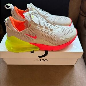 Nike Air Max 270 Beige and Neon Athletic Shoes